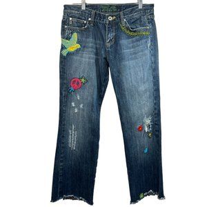 Miss Me Distressed Embroidered Woodstock Hippie Bootcut Jeans 31 JPQ196 Raw Hems